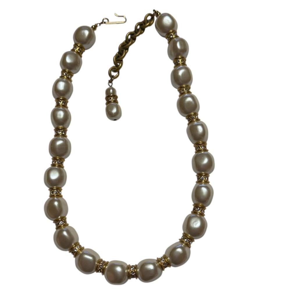 Chunky Faux Pearl Necklace with Gold Cubic Zirconia Beads 18"